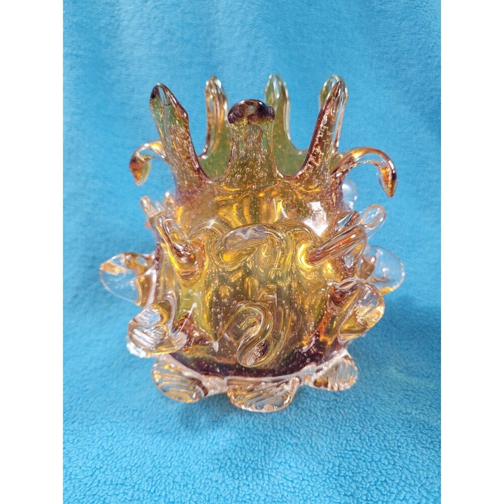 Ok Lighting Crystal Collection Art Glass Urchin/Thorn Vase Amber MCM